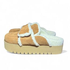 Nubikk Teddy Furry Slippers Womens EU 39 Cognac Suede Wool Lined Platform Mule